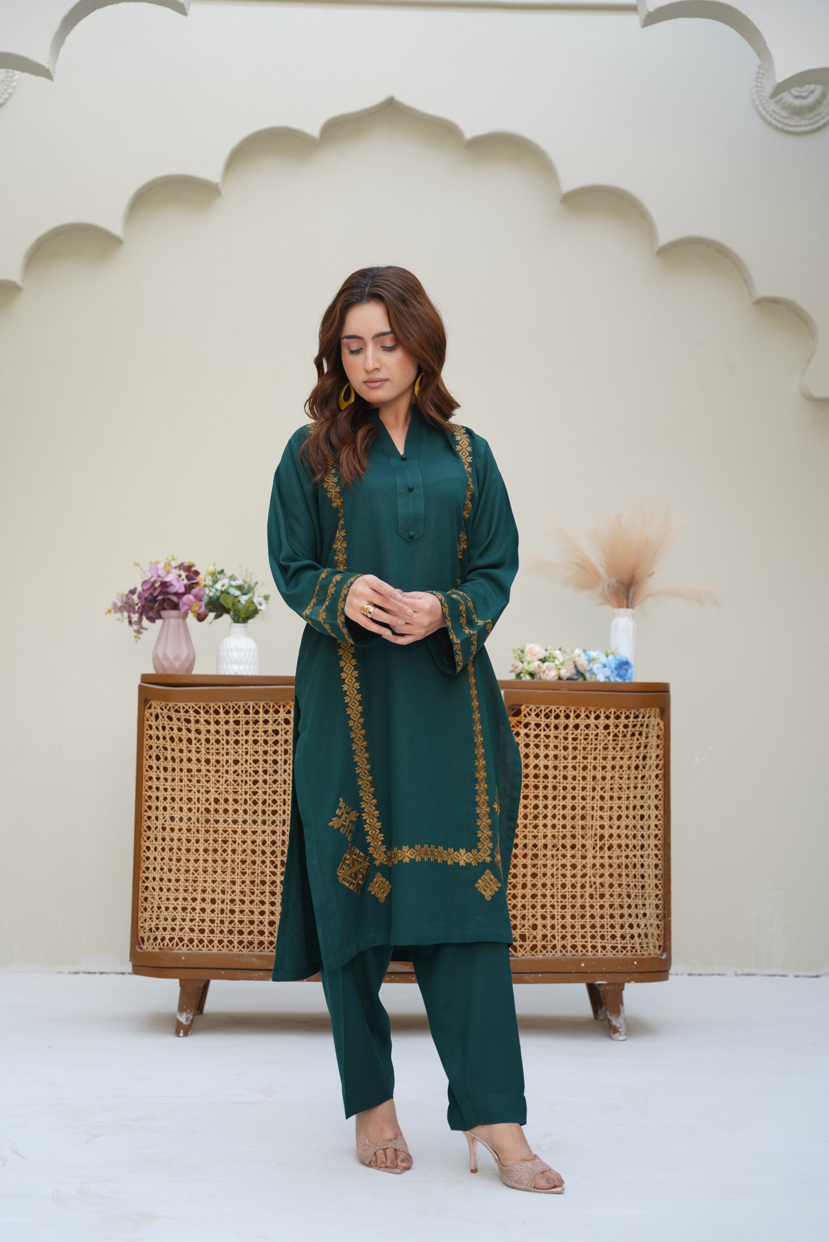 Emerald Veil – Stitched Silk Karandi Embroidered Two-Piece Set