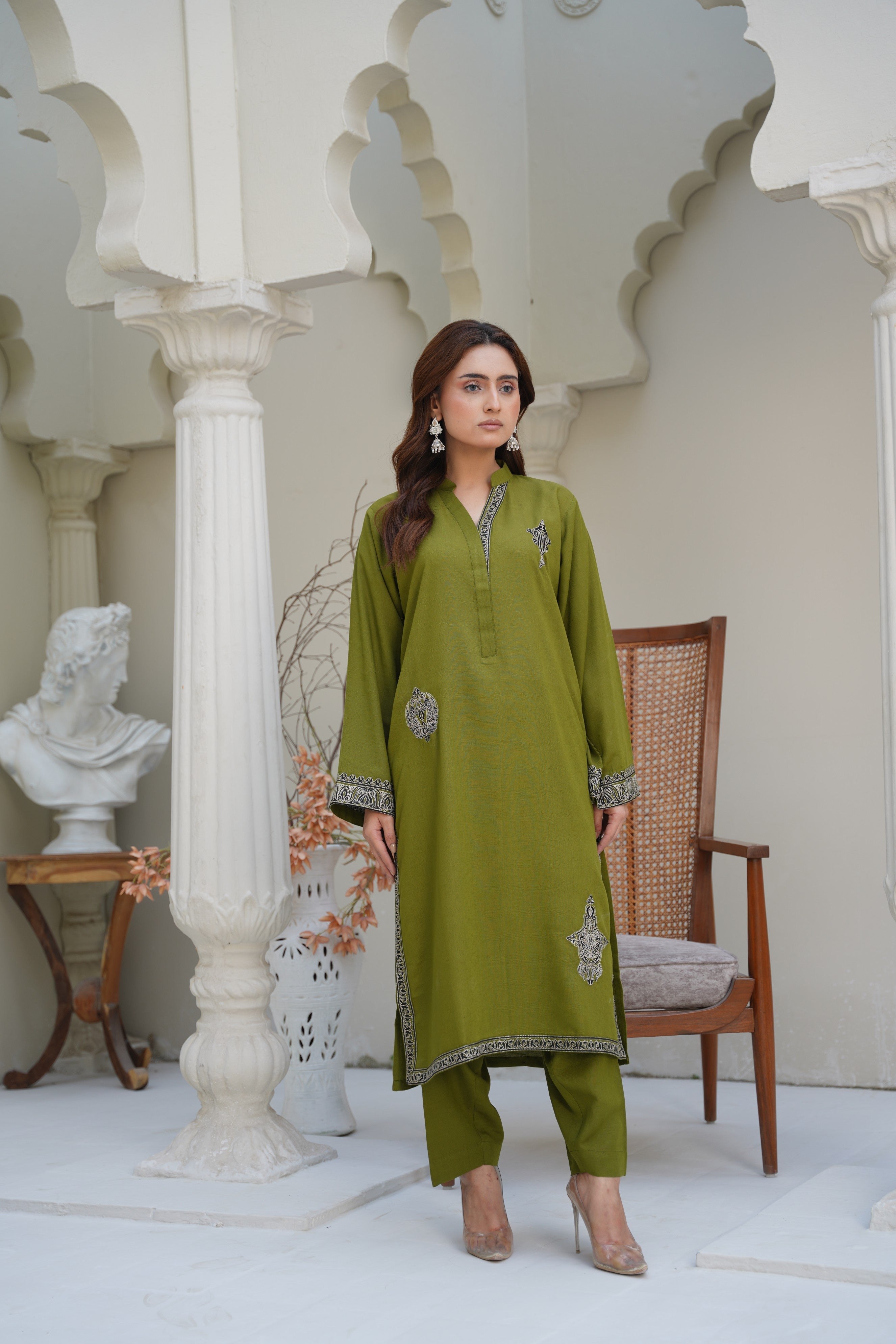 Olive Dusk – Stitched Silk Karandi Embroidered Two-Piece Set