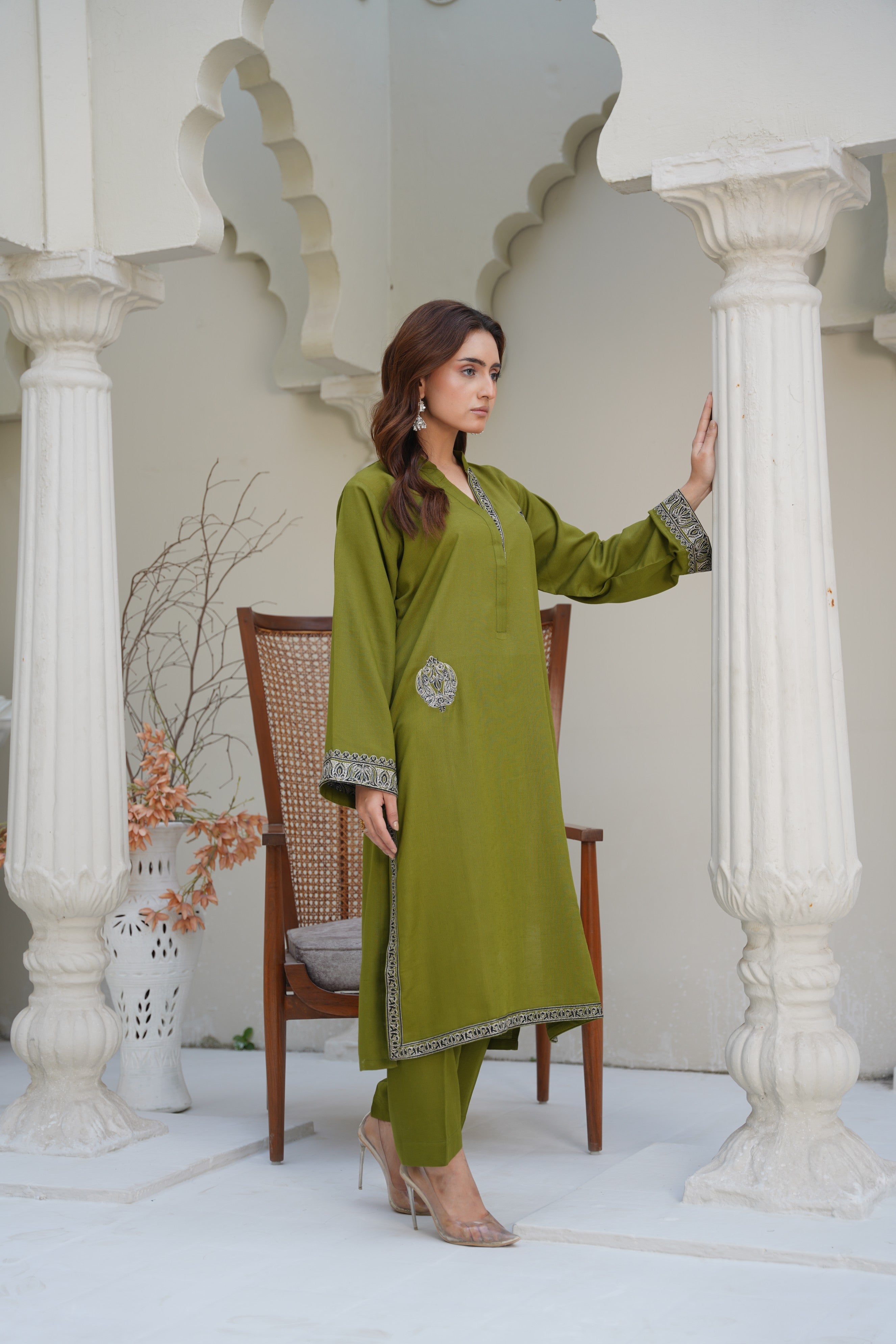 Olive Dusk – Stitched Silk Karandi Embroidered Two-Piece Set