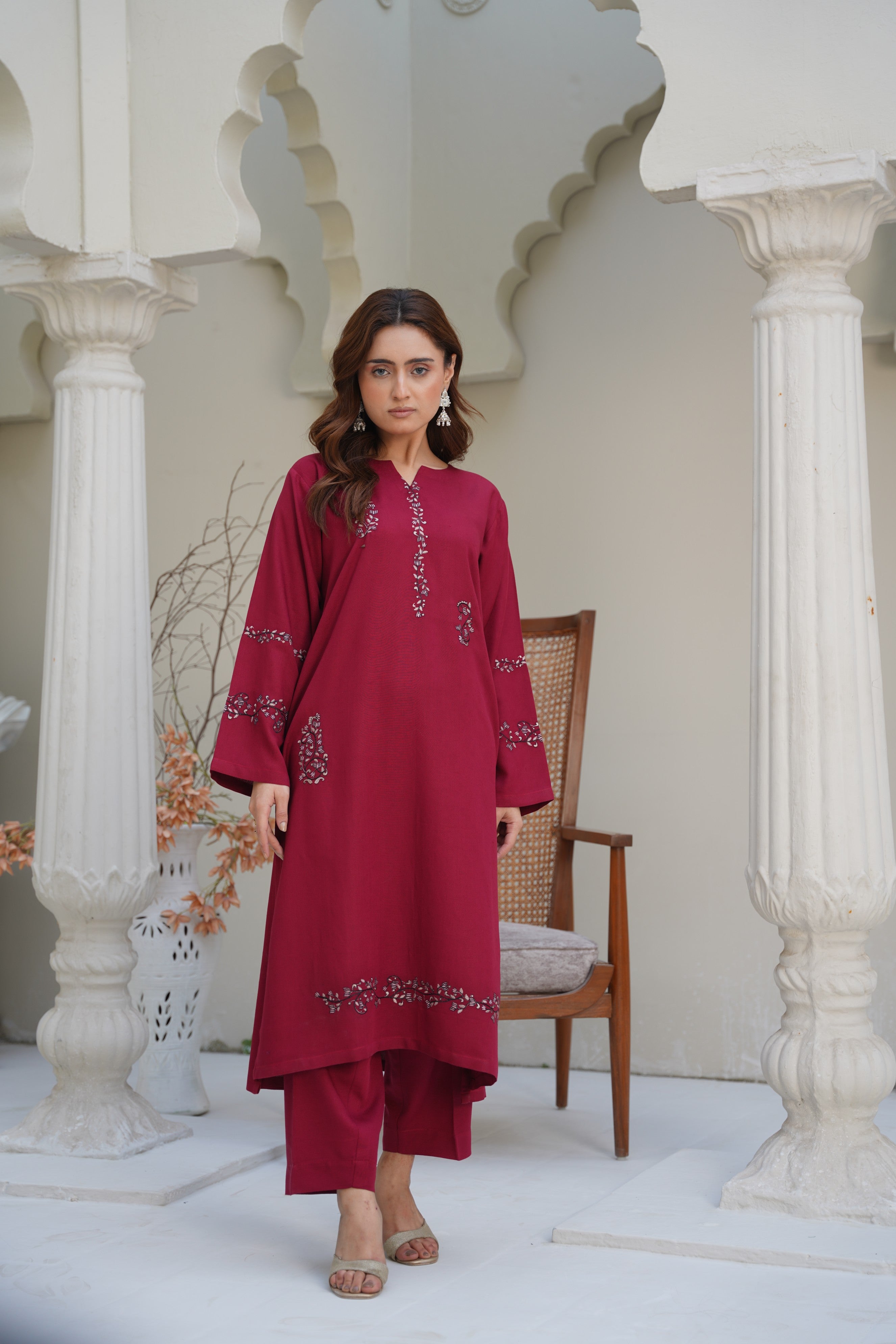 Garnet Glow – Stitched Silk Karandi Embroidered Two-Piece Set