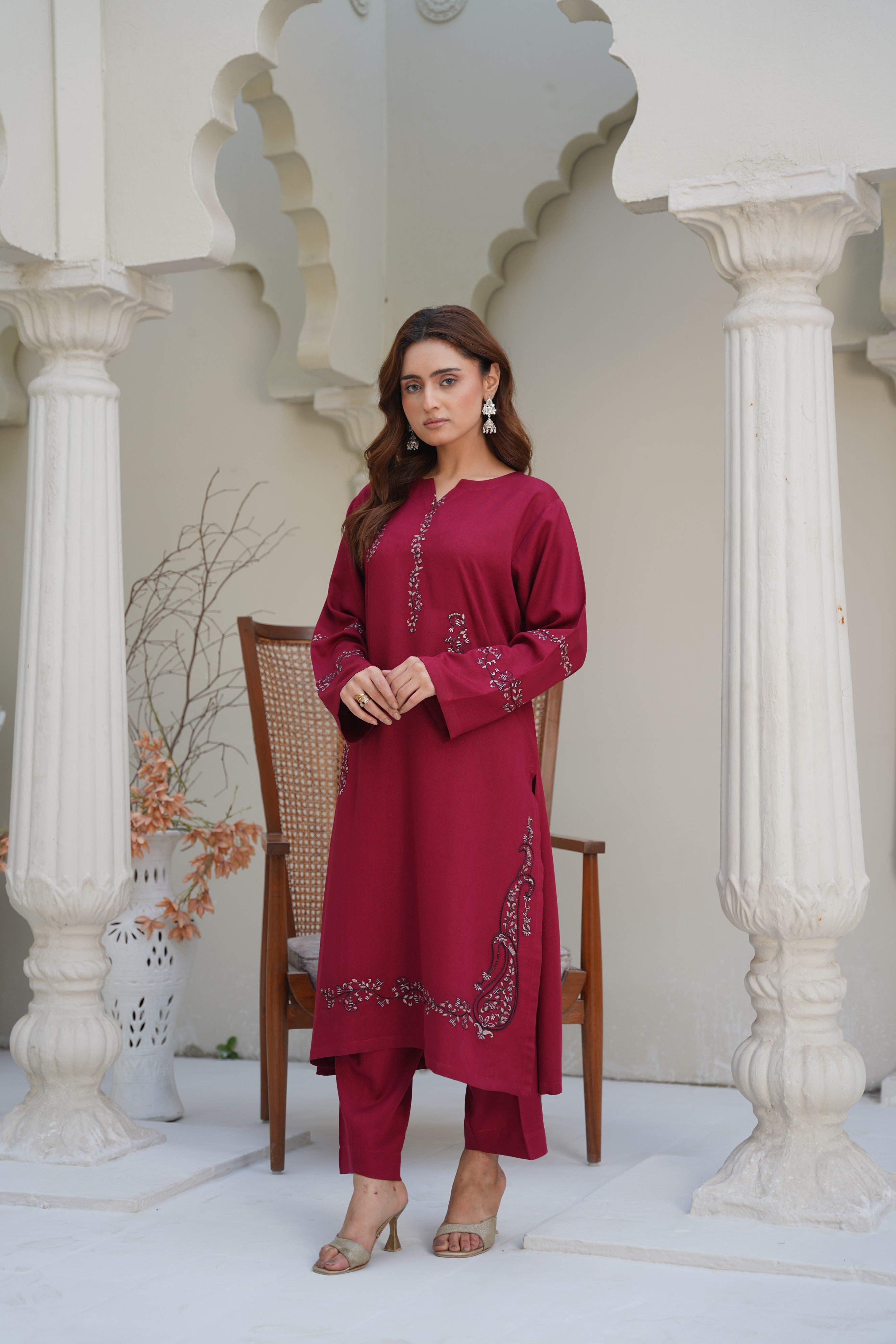 Garnet Glow – Stitched Silk Karandi Embroidered Two-Piece Set